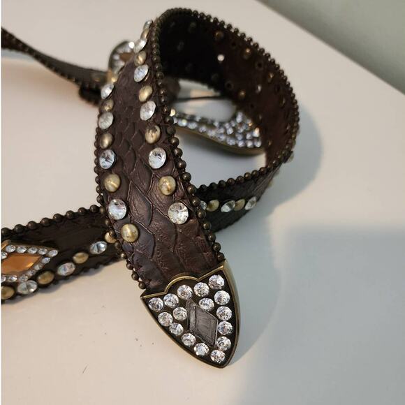 Rhinestone Studded Brown Leather Belt Size Small - Picture 4 of 8